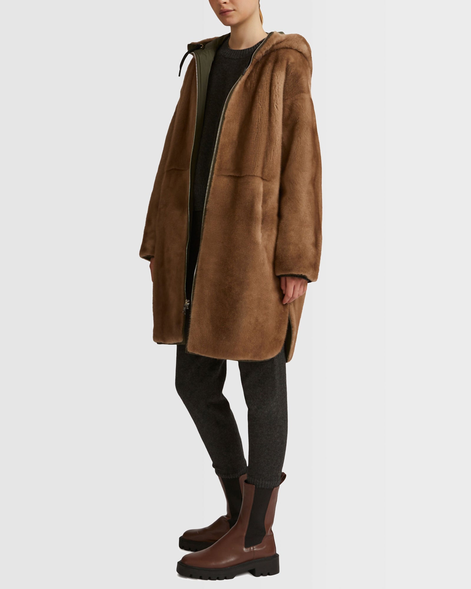 Long reversible coat with mink fur - khaki - Yves Salomon – Yves