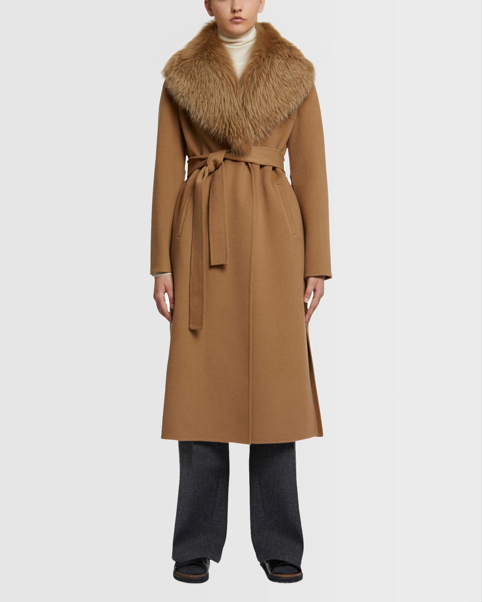 Long cashmere coat with fox fur collar camel Yves Salomon Women