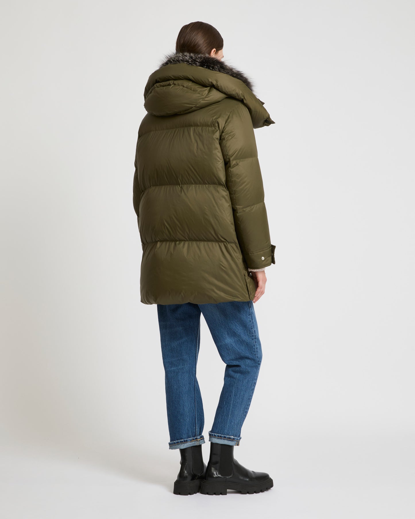 3/4 down jacket in water-repellent technical fabric with fox fur collar trim - khaki green - Yves Salomon