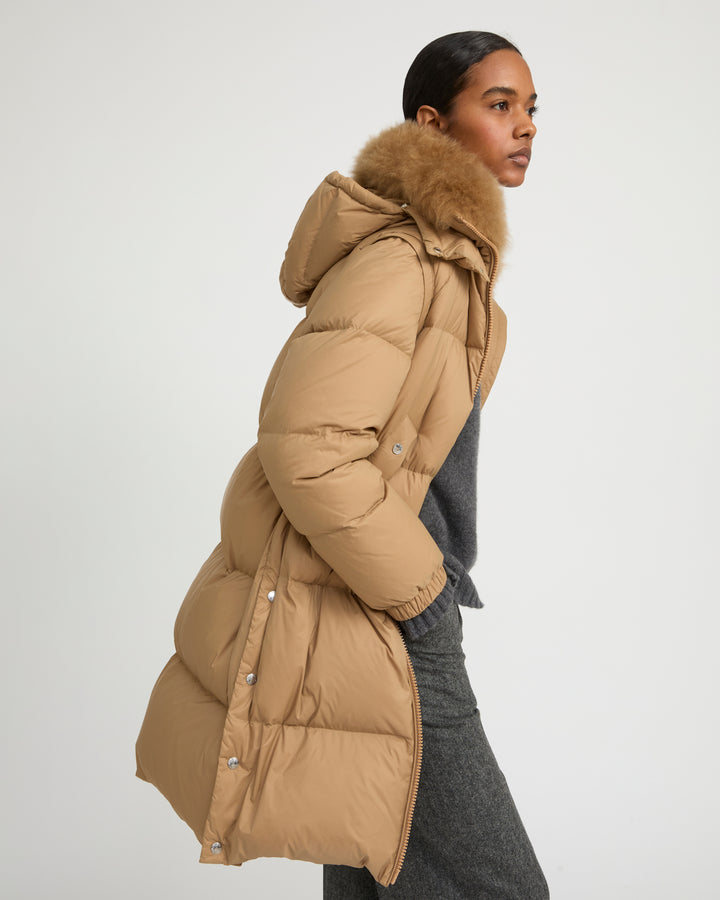 7/8 Long down jacket in water-repellent technical fabric with collar trim in fluffy lambswool -Yves Salomon