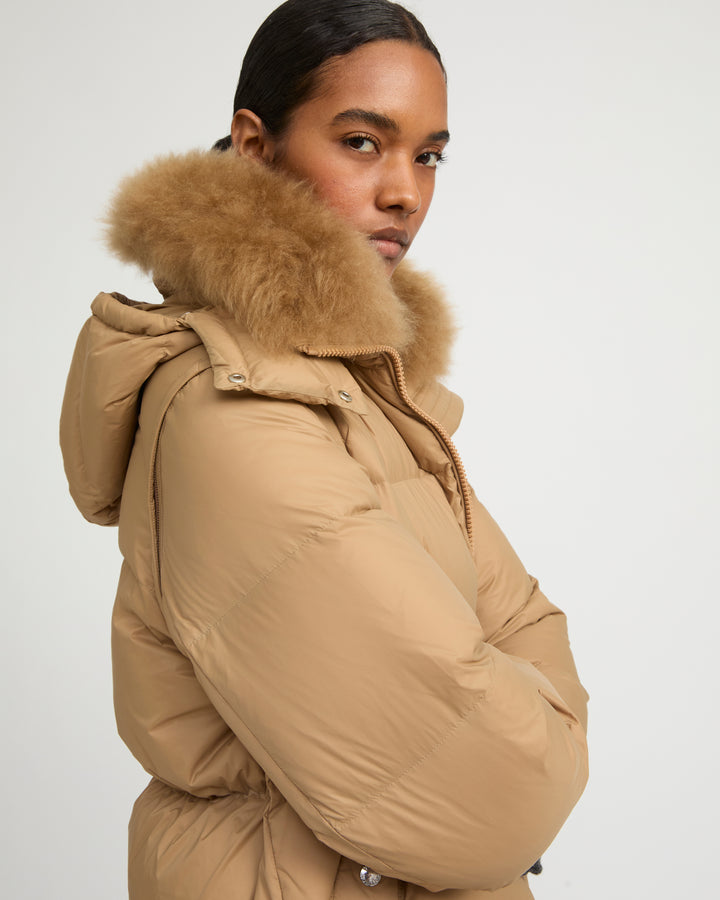 7/8 Long down jacket in water-repellent technical fabric with collar trim in fluffy lambswool -Yves Salomon