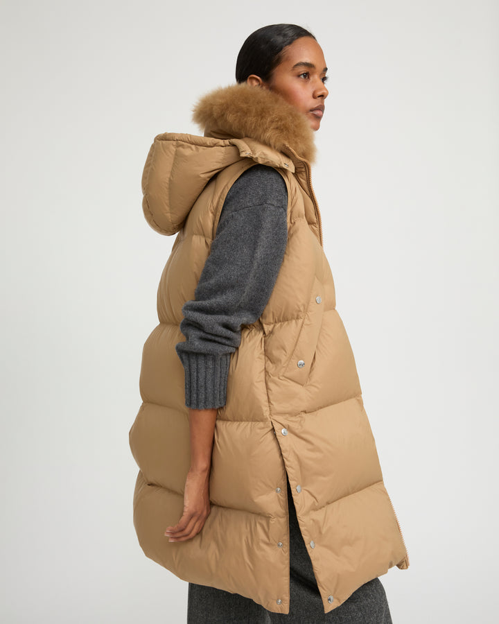 7/8 Long down jacket in water-repellent technical fabric with collar trim in fluffy lambswool -Yves Salomon