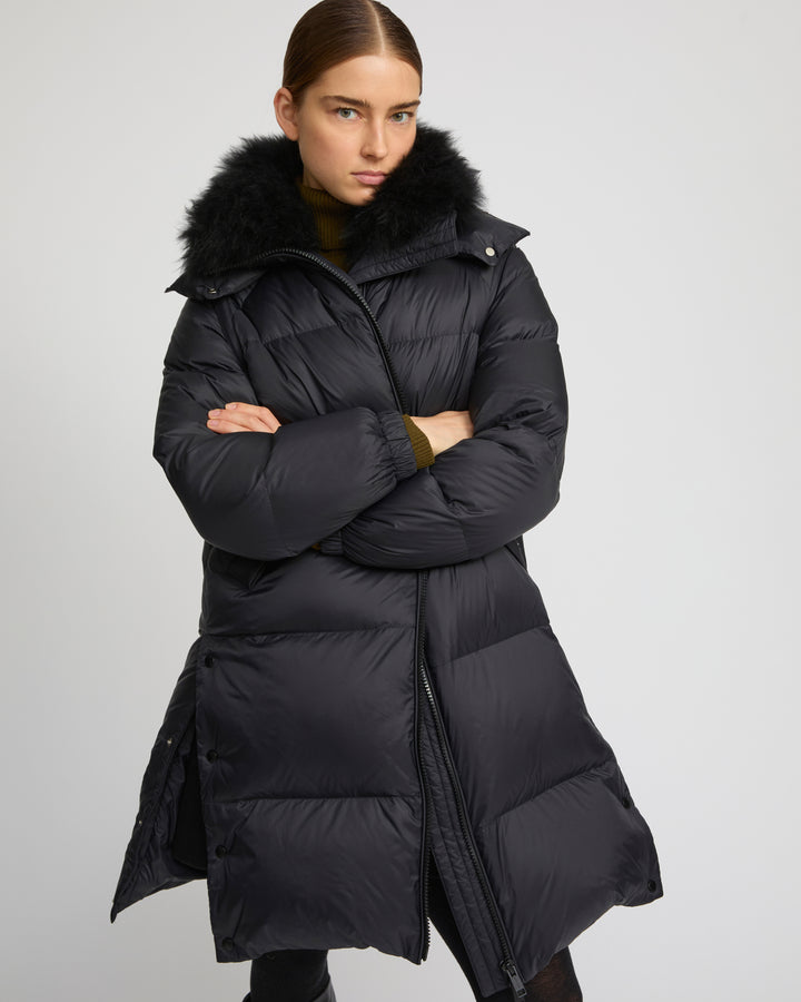 7/8 Long down jacket in water-repellent technical fabric with collar trim in fluffy lambswool -Yves Salomon