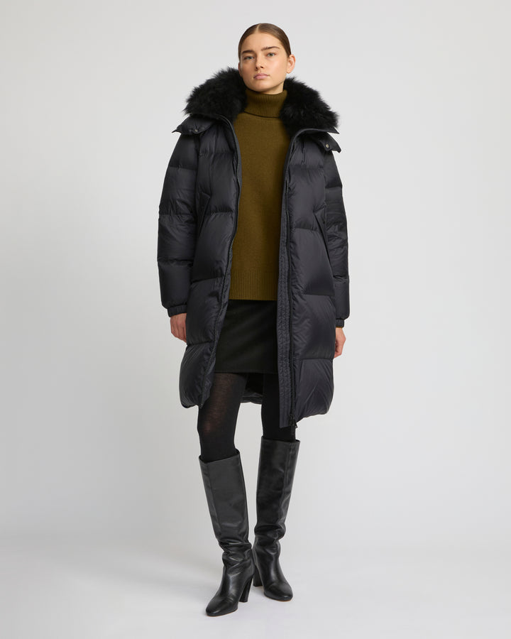 7/8 Long down jacket in water-repellent technical fabric with collar trim in fluffy lambswool -Yves Salomon