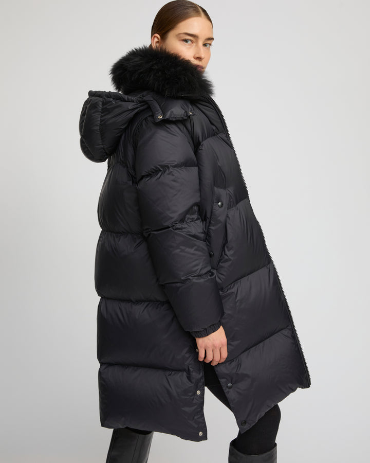 7/8 Long down jacket in water-repellent technical fabric with collar trim in fluffy lambswool -Yves Salomon