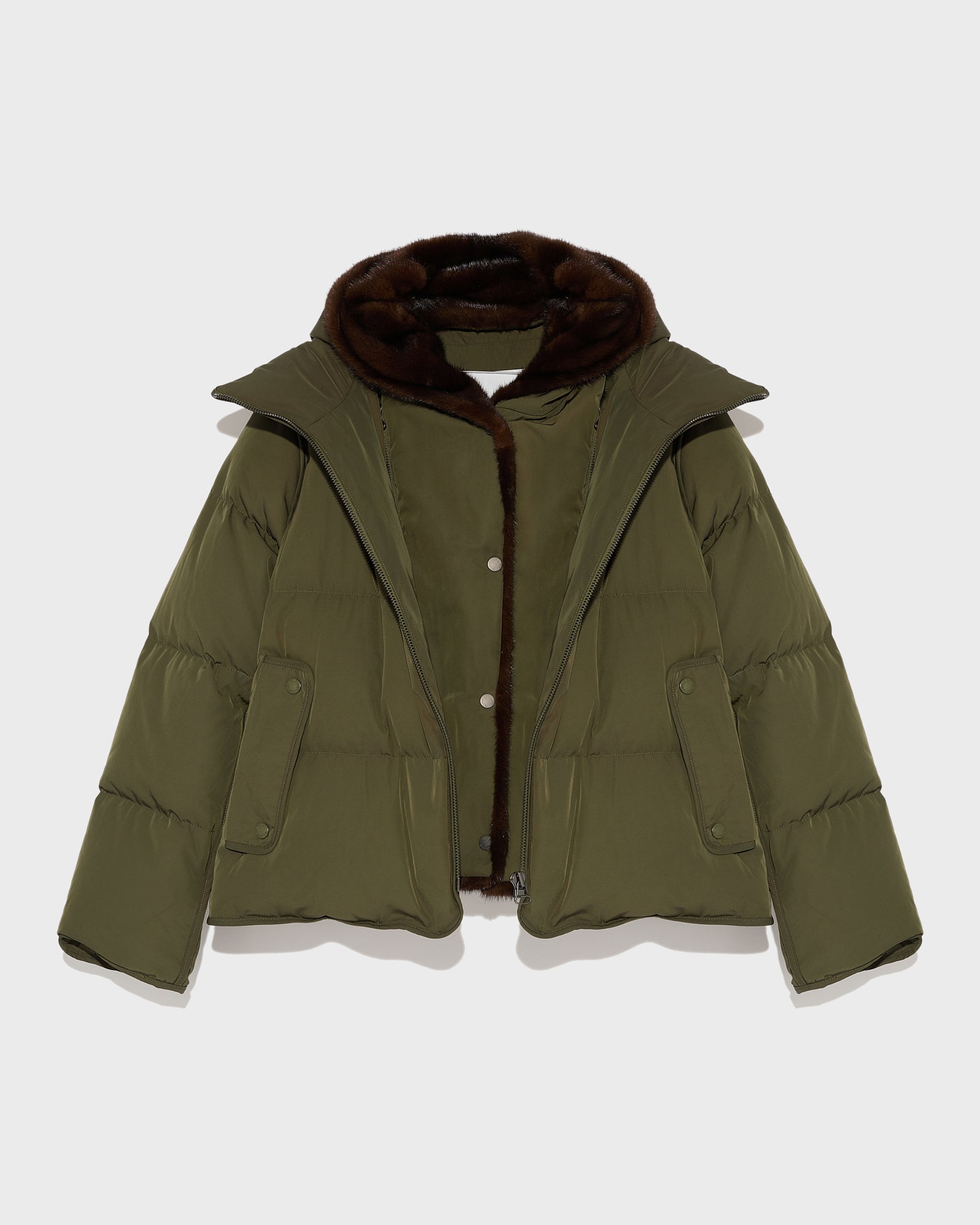 Down jacket with mink hooded bib - khaki - Yves Salomon – Yves