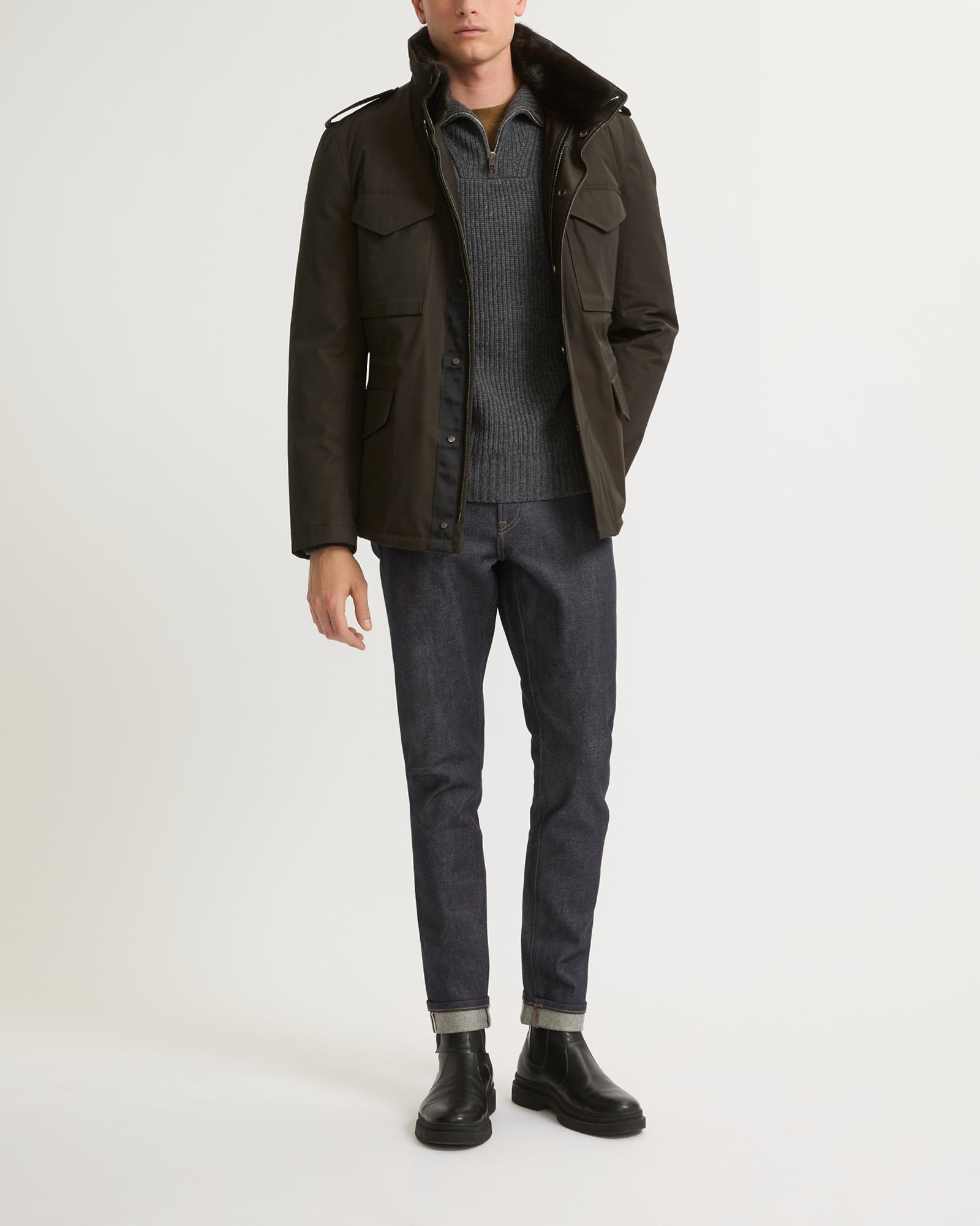 Technical Gabardine Field Jacket With Mink Collar - brown - Yves