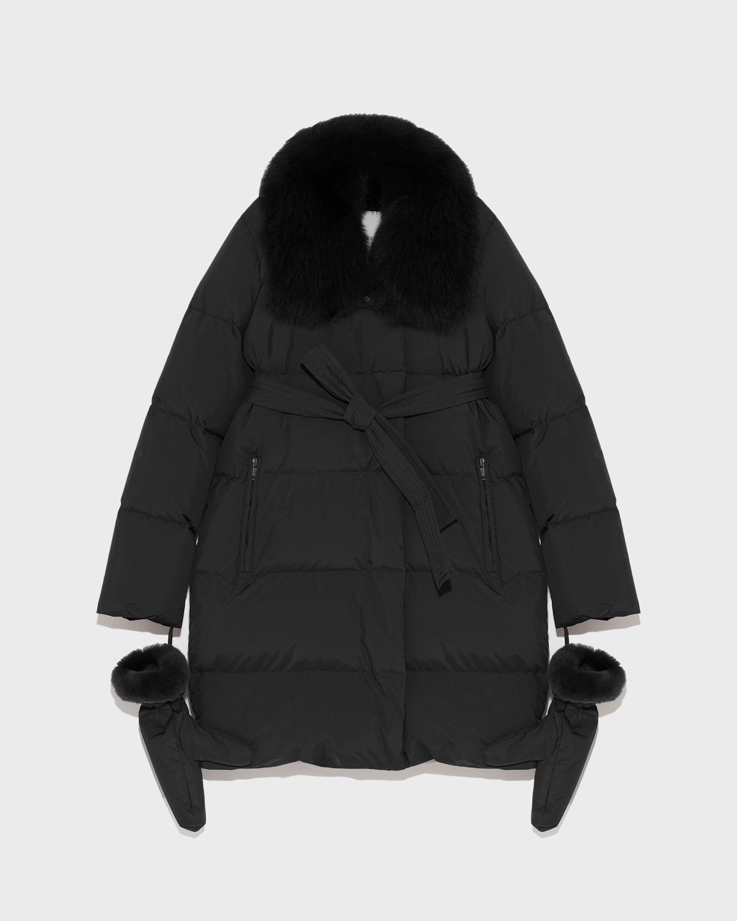Belted down jacket in waterproof technical fabric with fox and rabbit fur -Yves Salomon