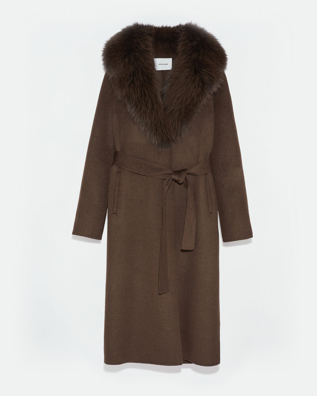 Belted coat in cashmere wool with fox fur collar and lapel -Yves Salomon