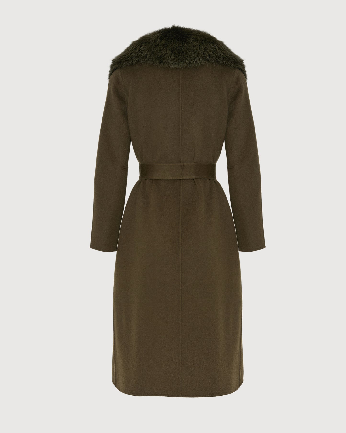 Belted coat in cashmere wool with fox fur collar and lapel -Yves Salomon