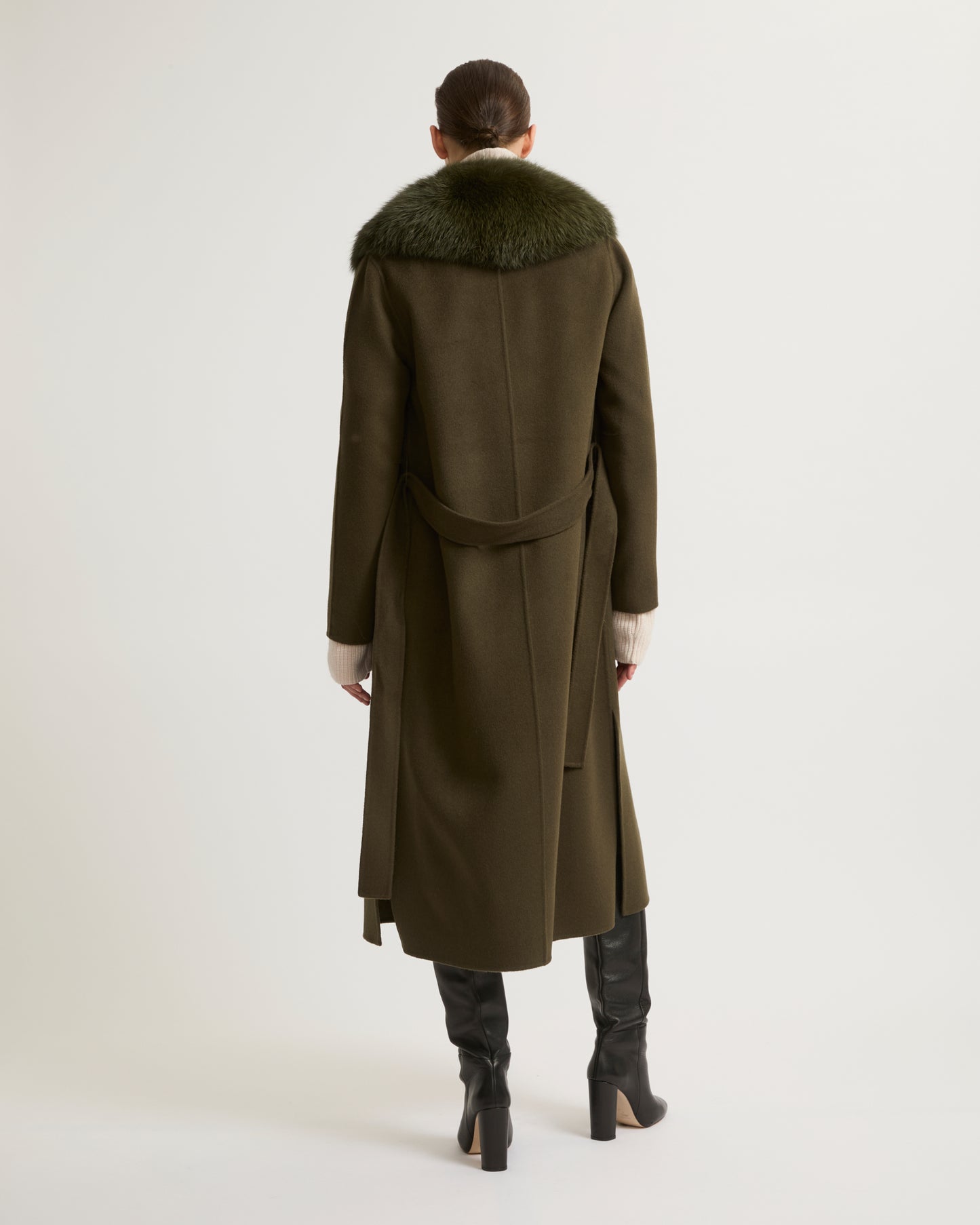 Belted coat in cashmere wool with fox fur collar and lapel - khaki - Yves Salomon