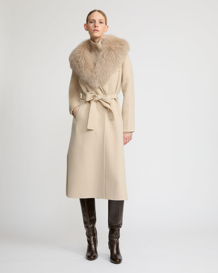 Belted coat in cashmere wool with fox fur collar and lapel -Yves Salomon