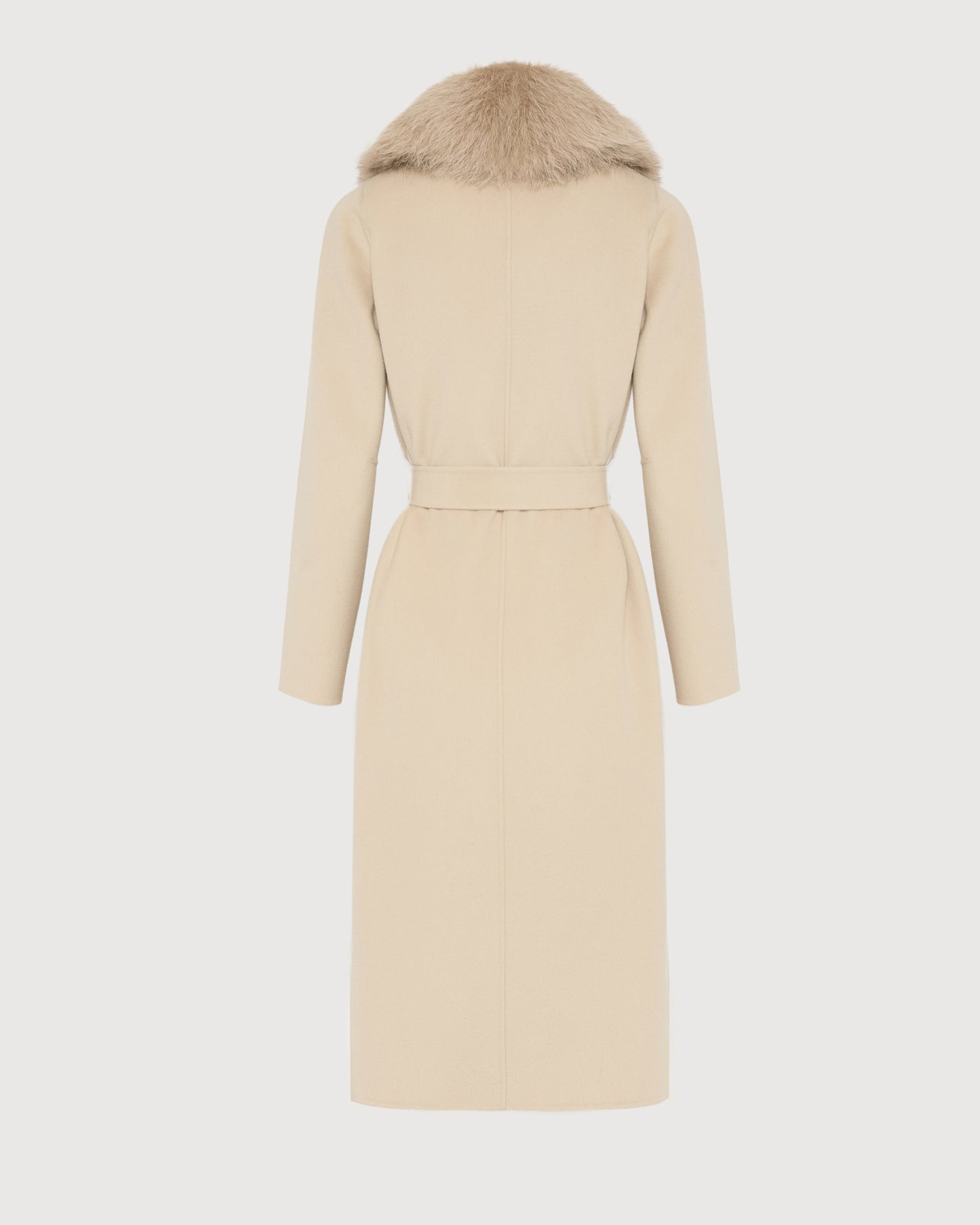 Belted coat in cashmere wool with fox fur collar and lapel -Yves Salomon