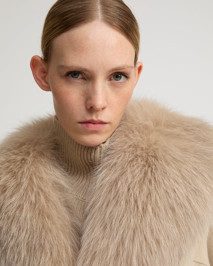 Belted coat in cashmere wool with fox fur collar and lapel -Yves Salomon