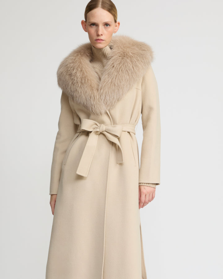 Belted coat in cashmere wool with fox fur collar and lapel -Yves Salomon