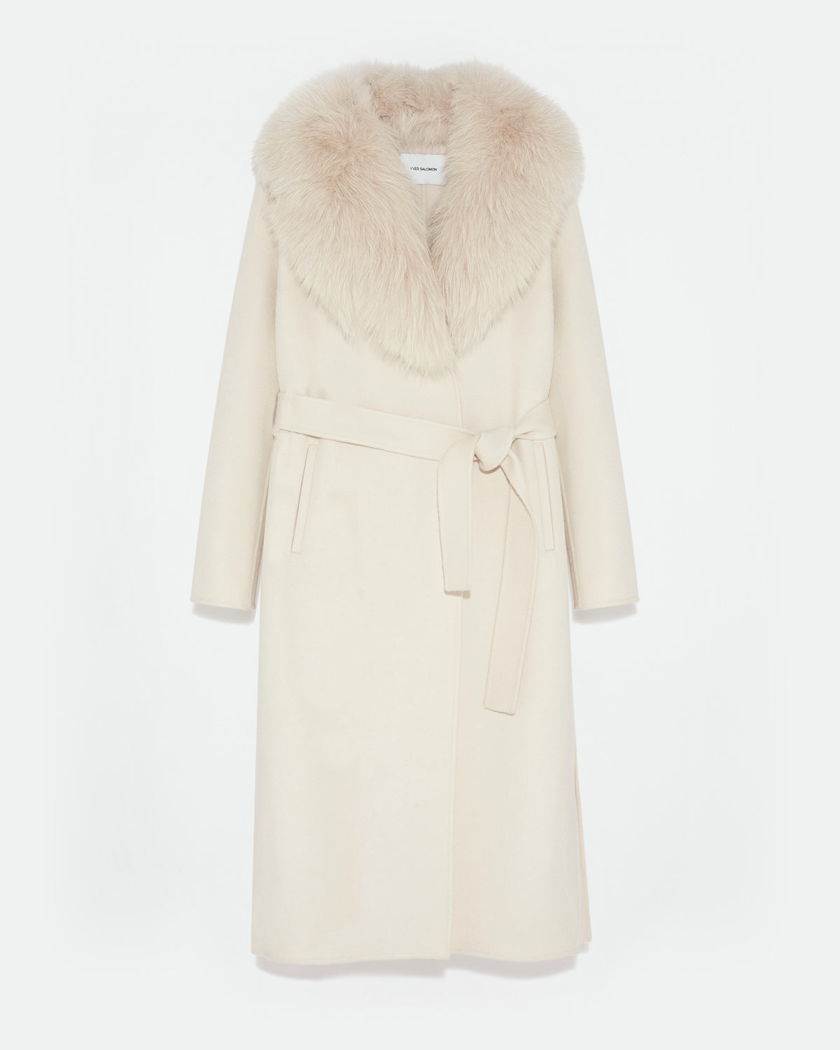 Belted coat in cashmere wool with fox fur collar and lapel -Yves Salomon