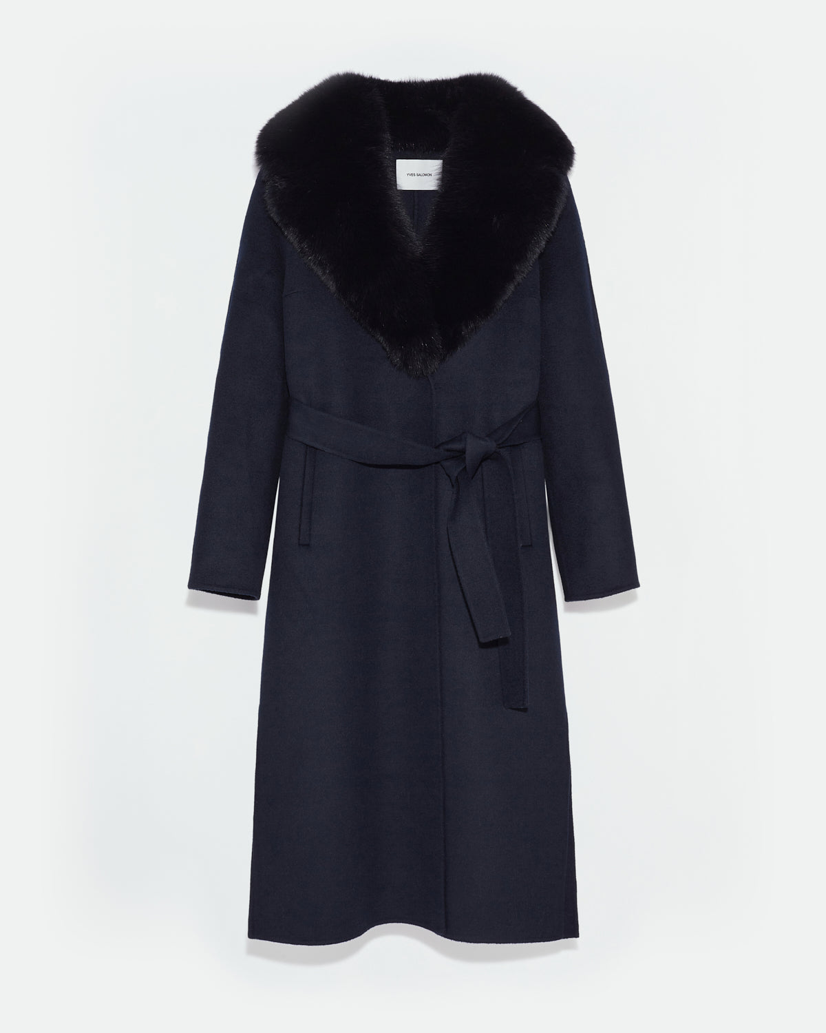Belted coat in cashmere wool with fox fur collar and lapel -Yves Salomon