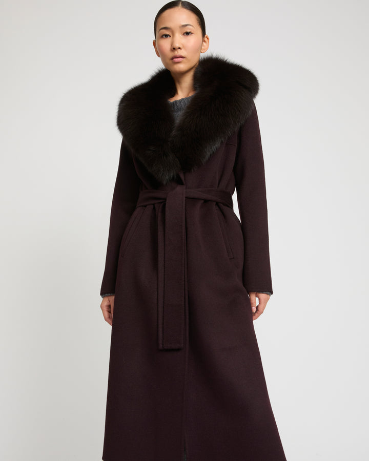 Belted coat in cashmere wool with fox fur collar and lapel -Yves Salomon