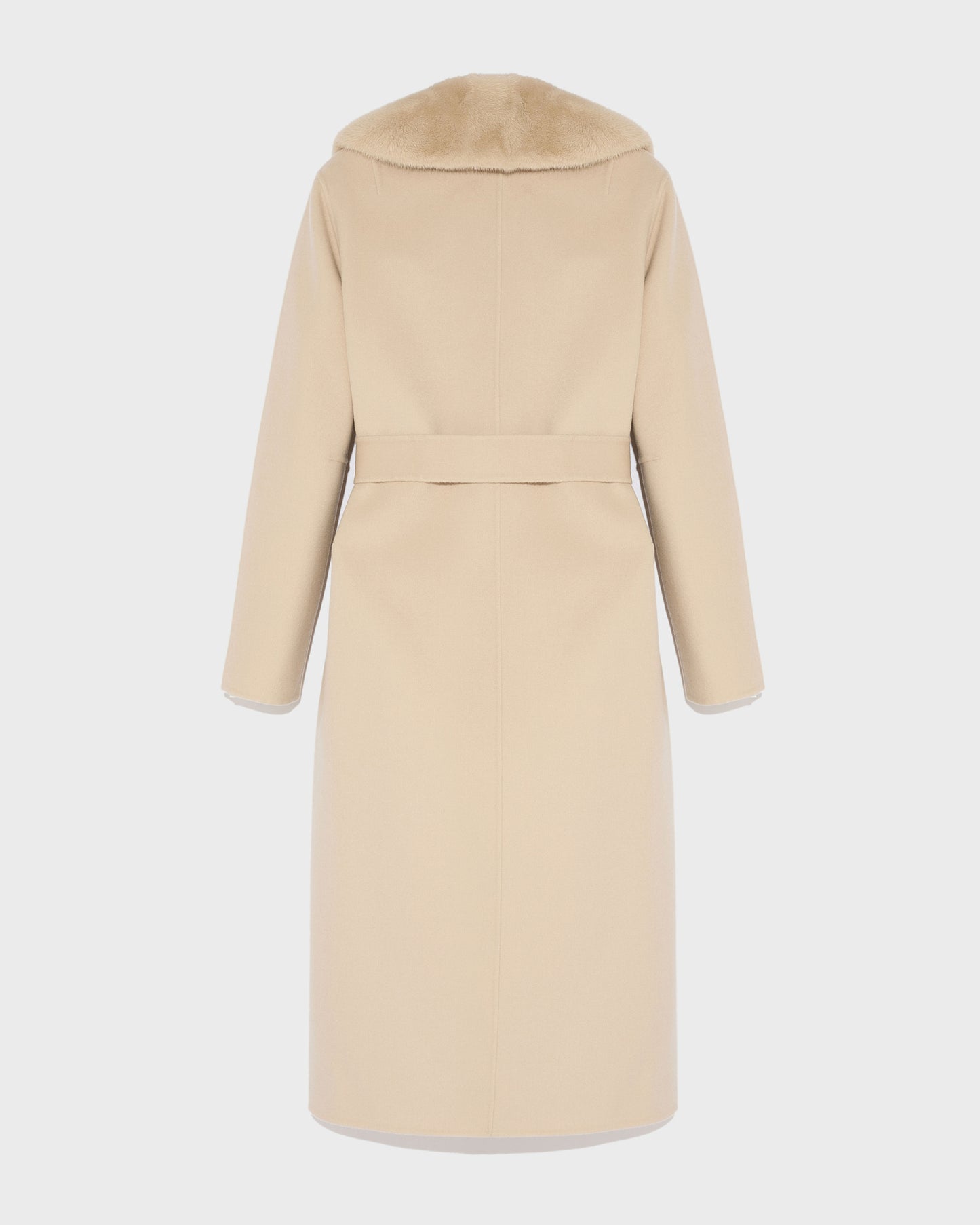 Belted coat in cashmere wool with mink fur collar and over-pockets