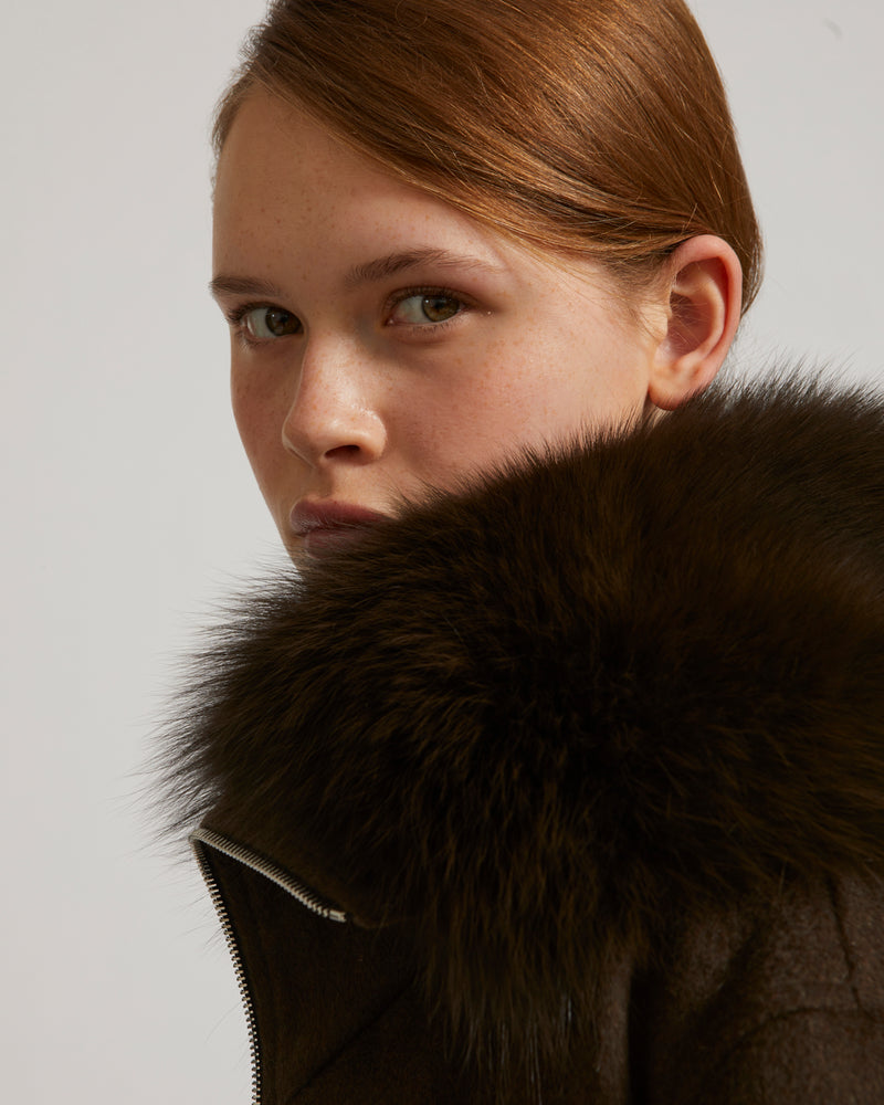 Cropped jacket in cashmere wool with fox fur collar - khaki - Yves Salomon