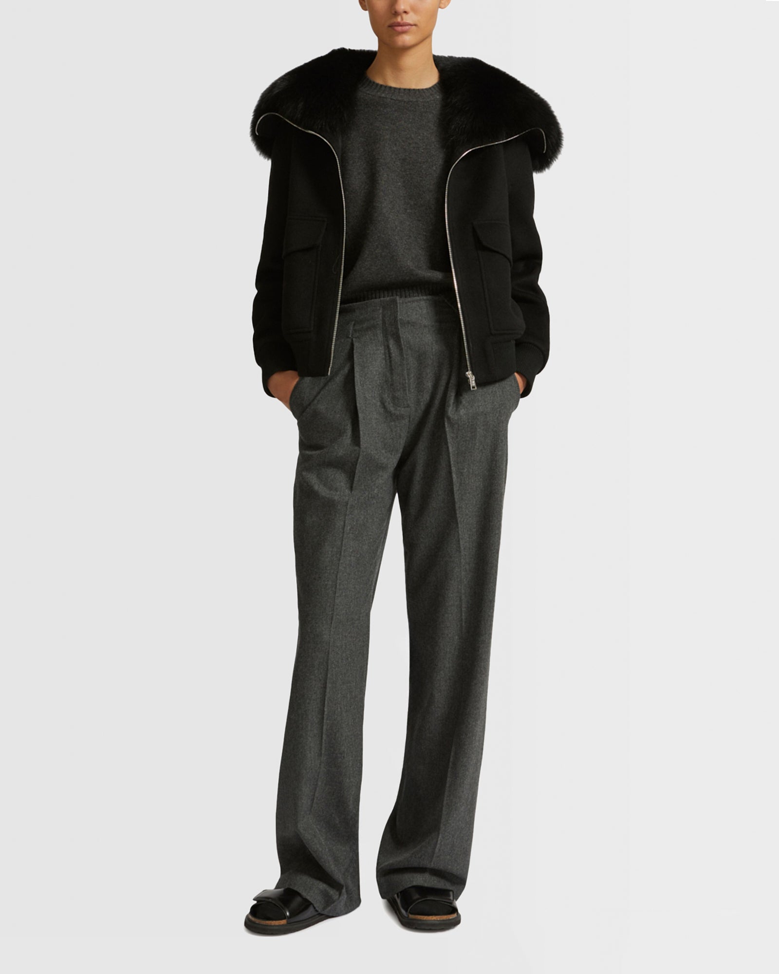 Cropped jacket in cashmere with fox fur collar - black - Yves
