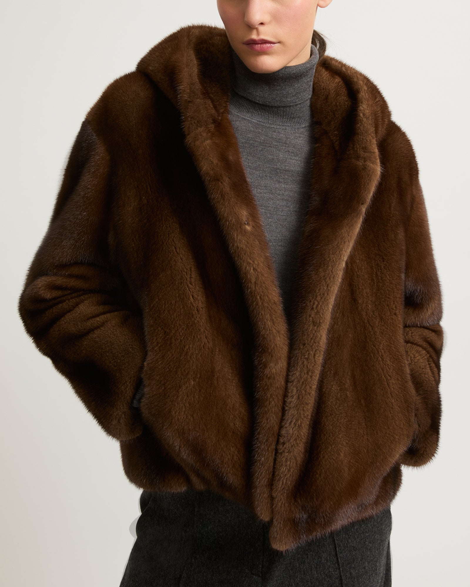 Hooded jacket in long-haired mink fur brown Yves Salomon