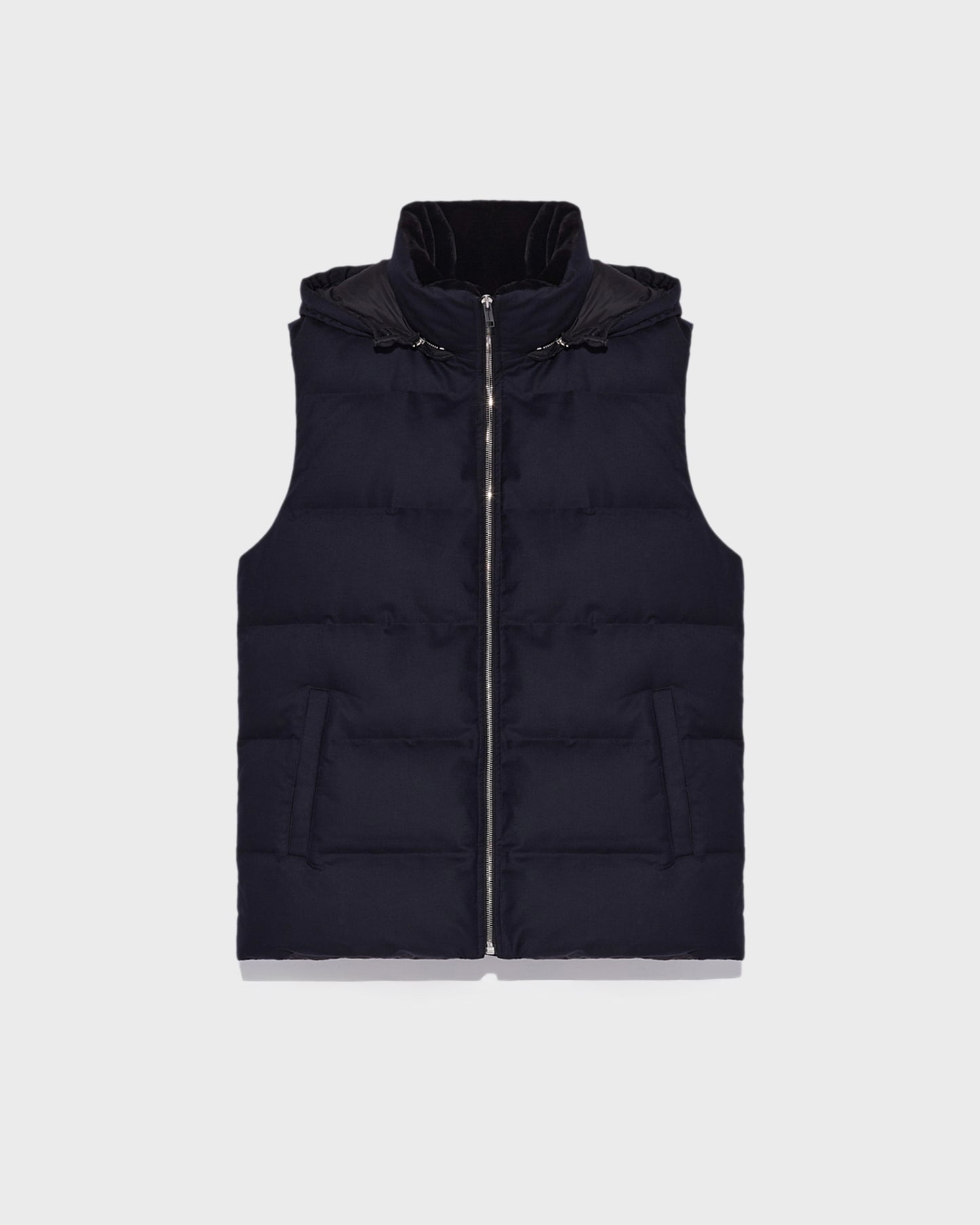 Down Gilet made with Loro Piana fabric with mink fur trim