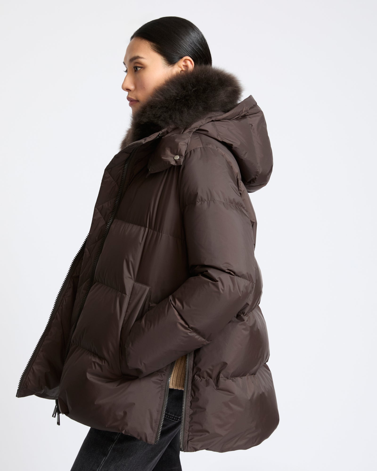 A-Line Technical Down Jacket Curly Lamb Hood Brown | Yves Salomon