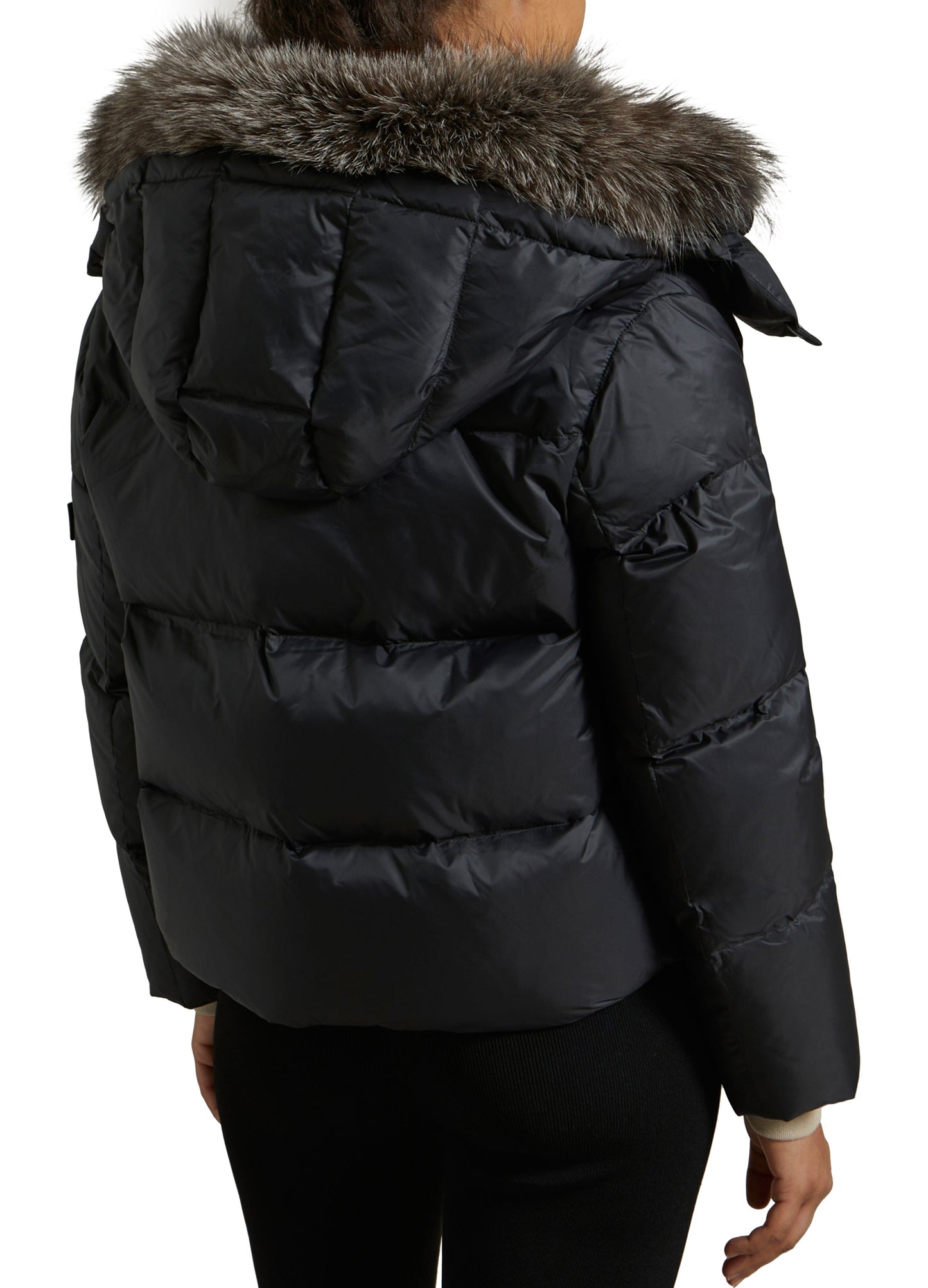 Short "A" line down jacket in water-repellent technical fabric with fox fur collar -Yves Salomon