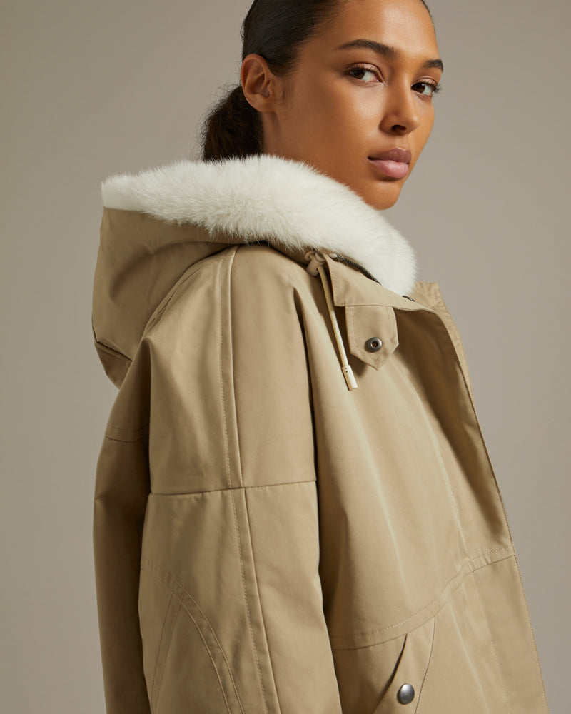 Cropped parka in waterproof technical fabric with fox and rabbit fur - beige - Yves Salomon