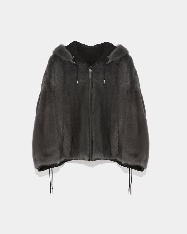 Short reversible parka in water-repellent technical fabric and long-haired mink - black - Yves Salomon