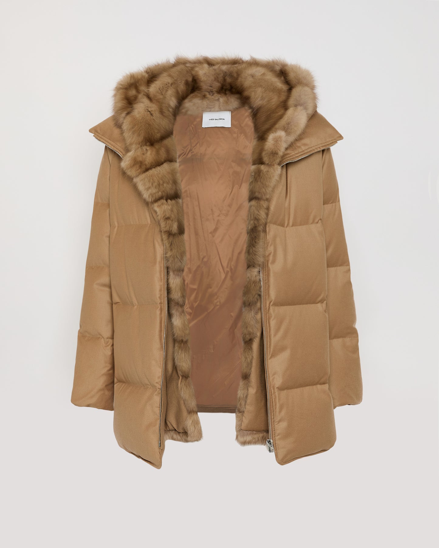Flannel down jacket with detachable sable fur bib -Yves Salomon