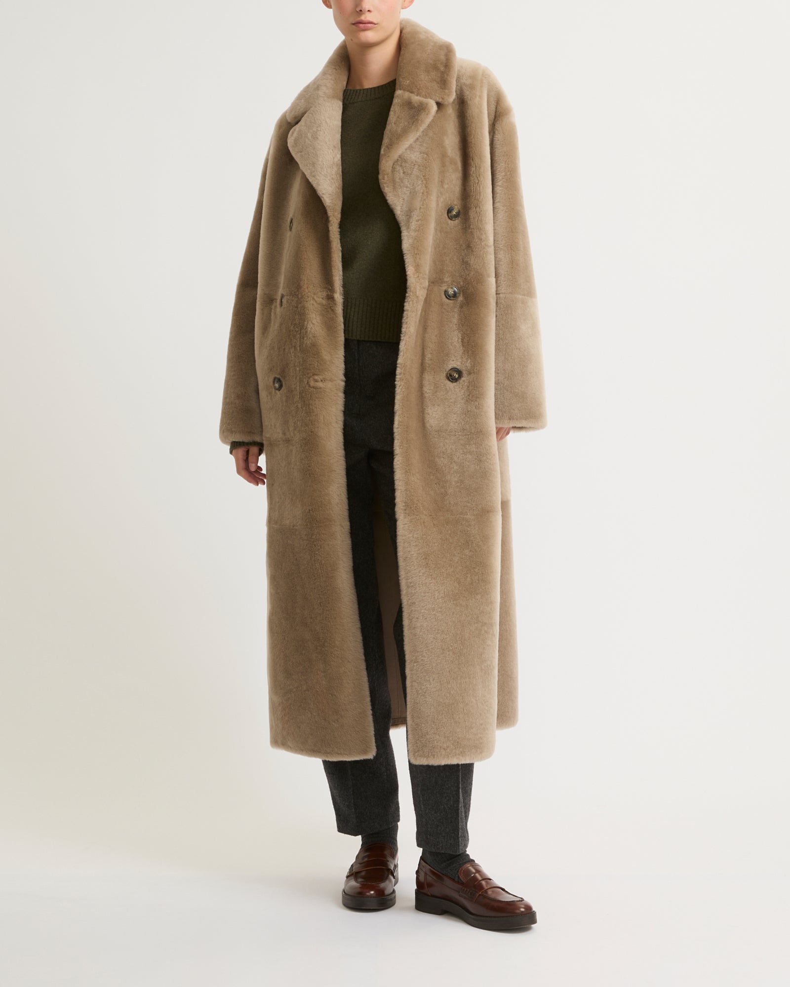 Long double-breasted shearling coat beige Yves Salomon