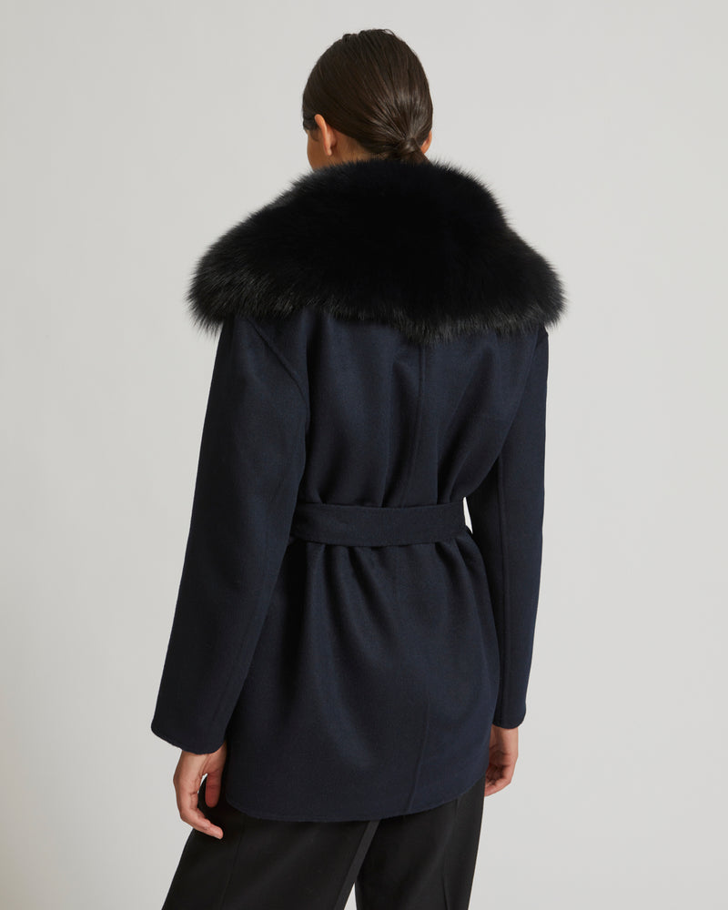 Cashmere wool peacot with fox fur collar - navy - Yves Salomon