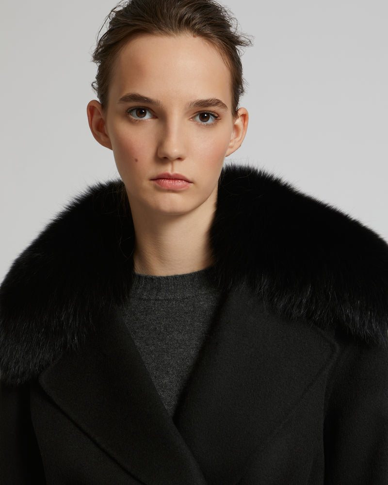 Cashmere wool peacot with fox fur collar - black - Yves Salomon