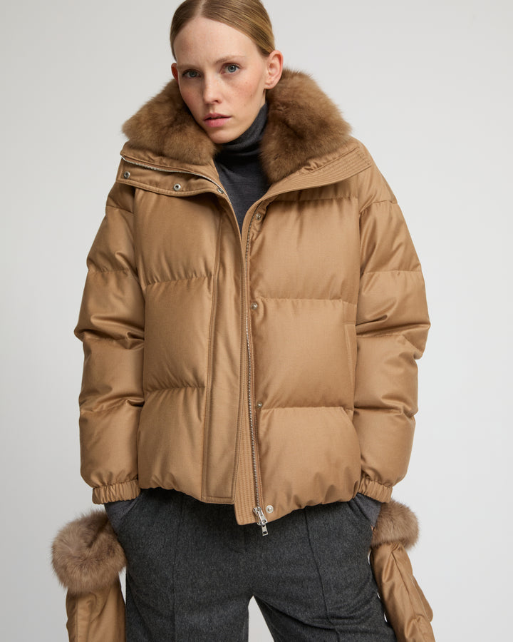 Short down jacket made with Loro Piana flannel and sable fur -Yves Salomon