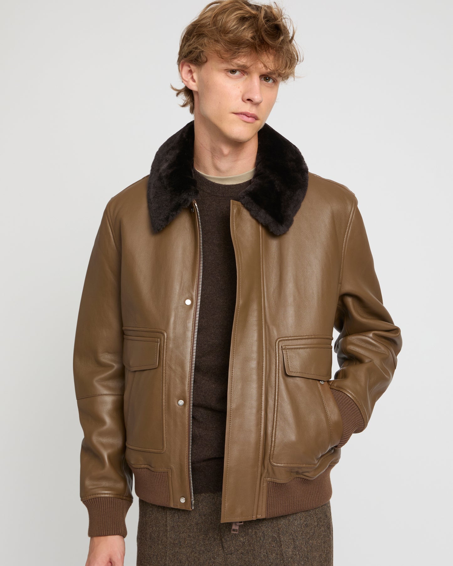 Leather aviator jacket with Merino lambskin shearling collar -Yves Salomon