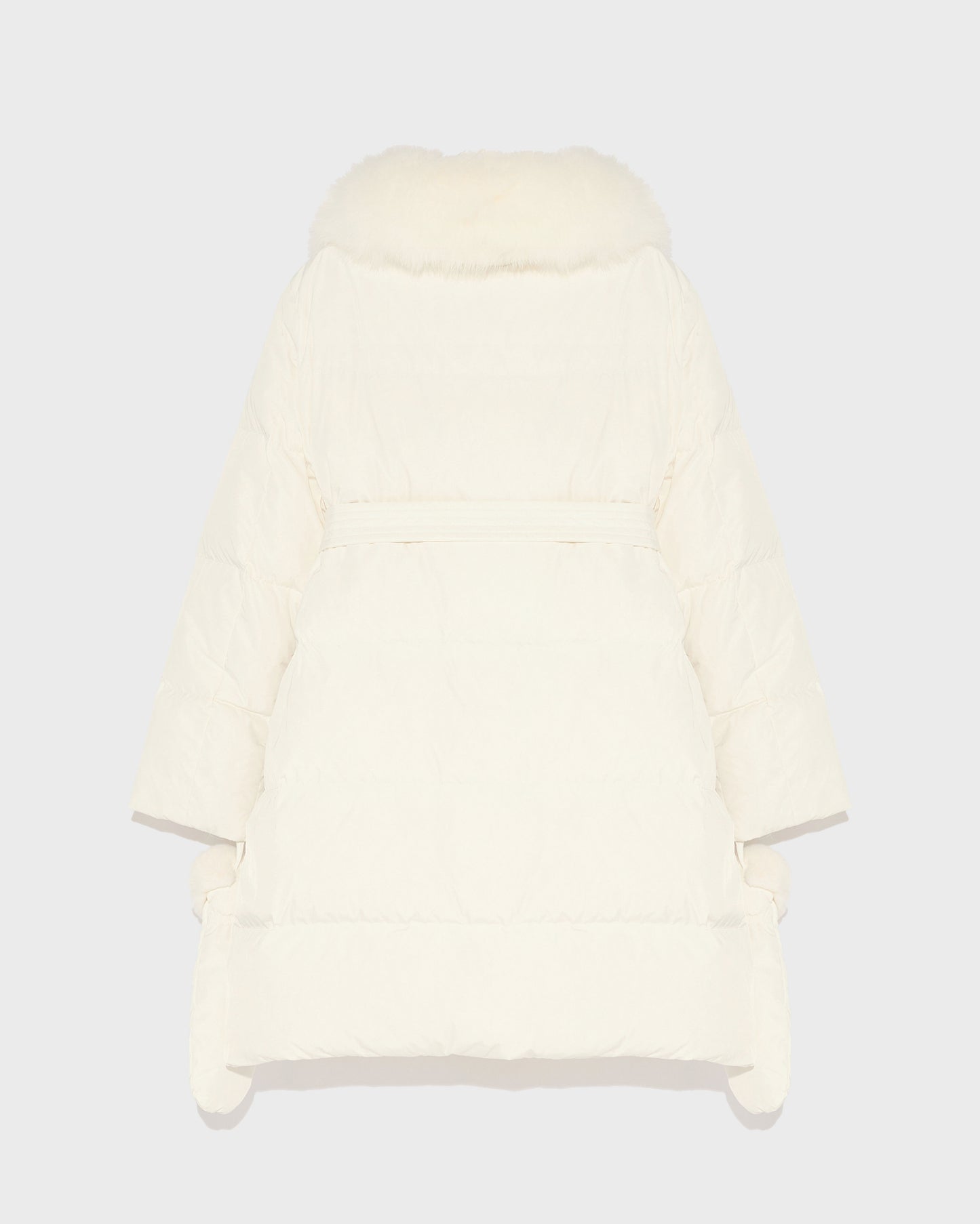 Long belted down jacket in technical fabric with fur collar