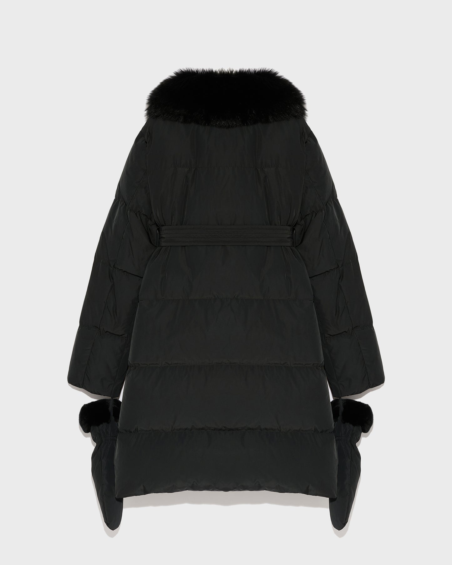 Long belted down jacket in technical fabric with fur collar