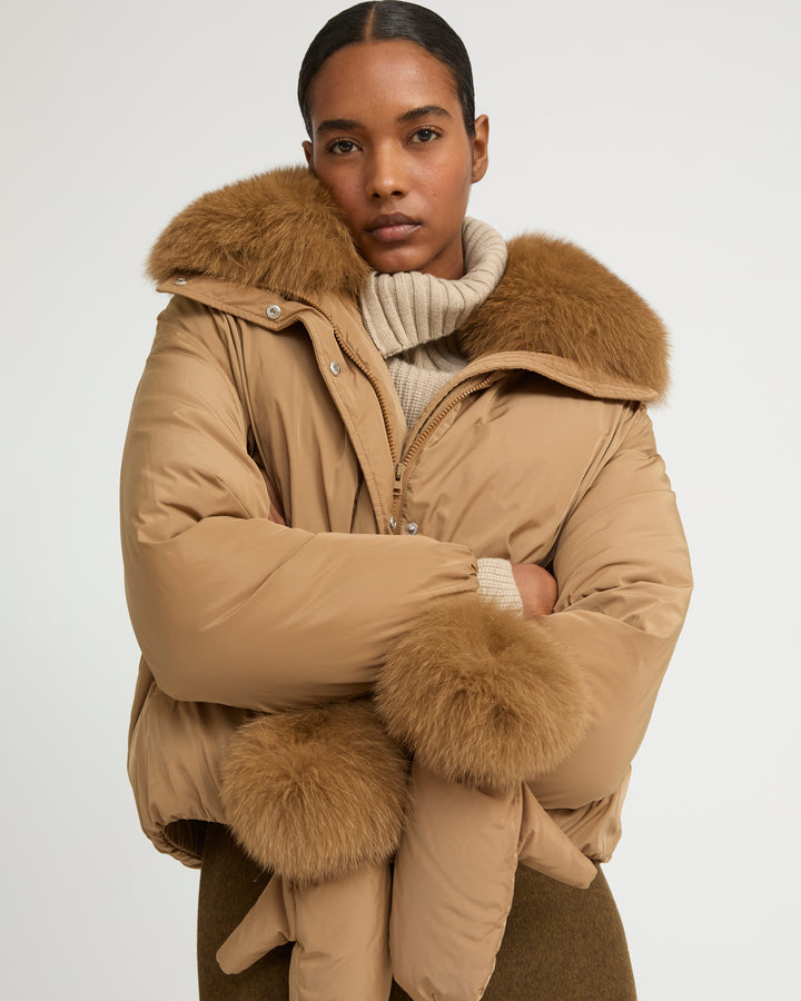 Short technical fabric down jacket with detachable fox fur collar -Yves Salomon
