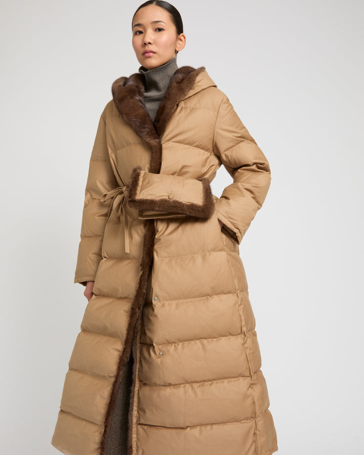 Down maxi belted coat in Loro Piana flannel fabric and mink fur -Yves Salomon