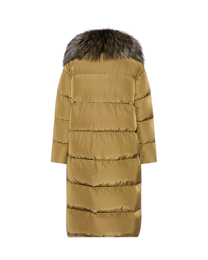 Technical fabric maxi down jacket with large detachable fox fur collar