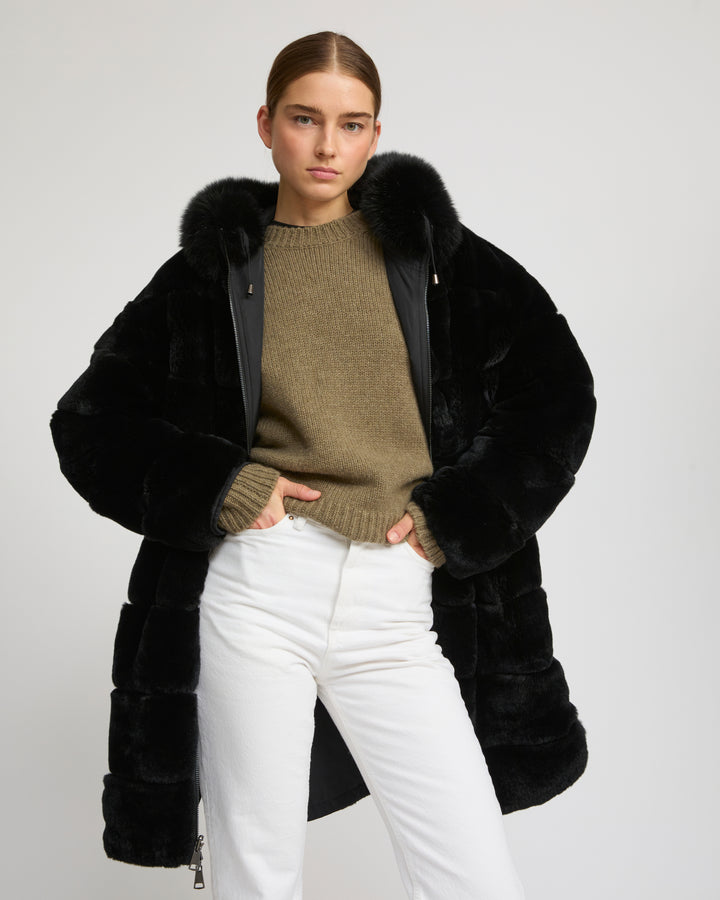 Hooded coat in technical fabric reversible rex rabbit fur -Yves Salomon