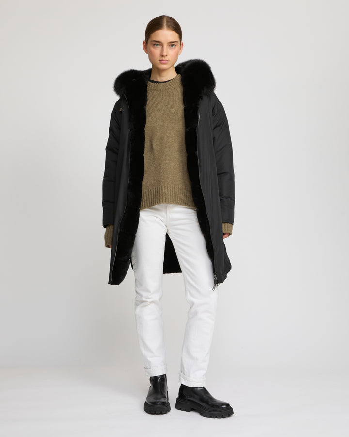 Hooded coat in technical fabric reversible rex rabbit fur -Yves Salomon