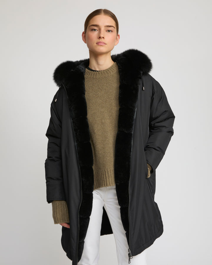 Hooded coat in technical fabric reversible rex rabbit fur -Yves Salomon