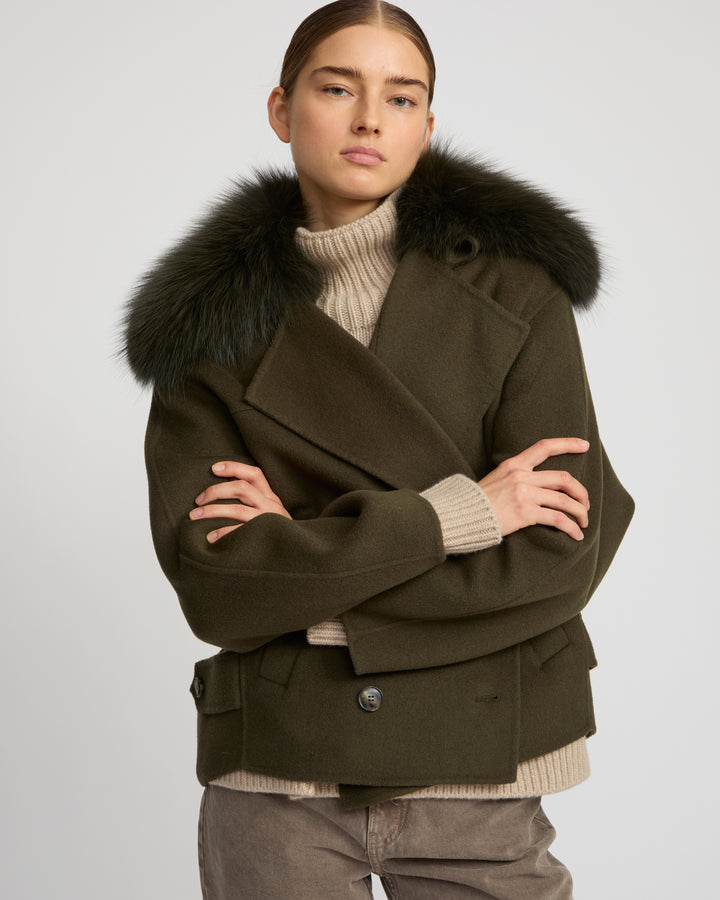 Cashmere-blend pea jacket with removable fox fur collar -Yves Salomon