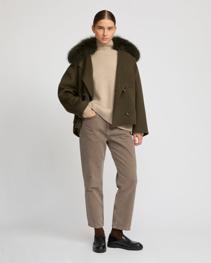 Cashmere-blend pea jacket with removable fox fur collar -Yves Salomon