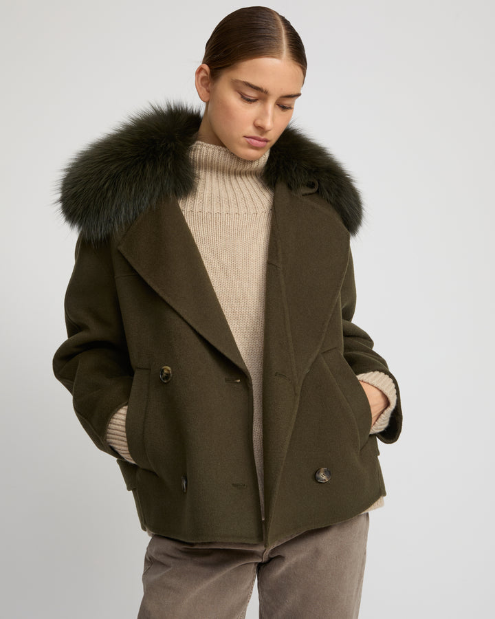 Cashmere-blend pea jacket with removable fox fur collar -Yves Salomon