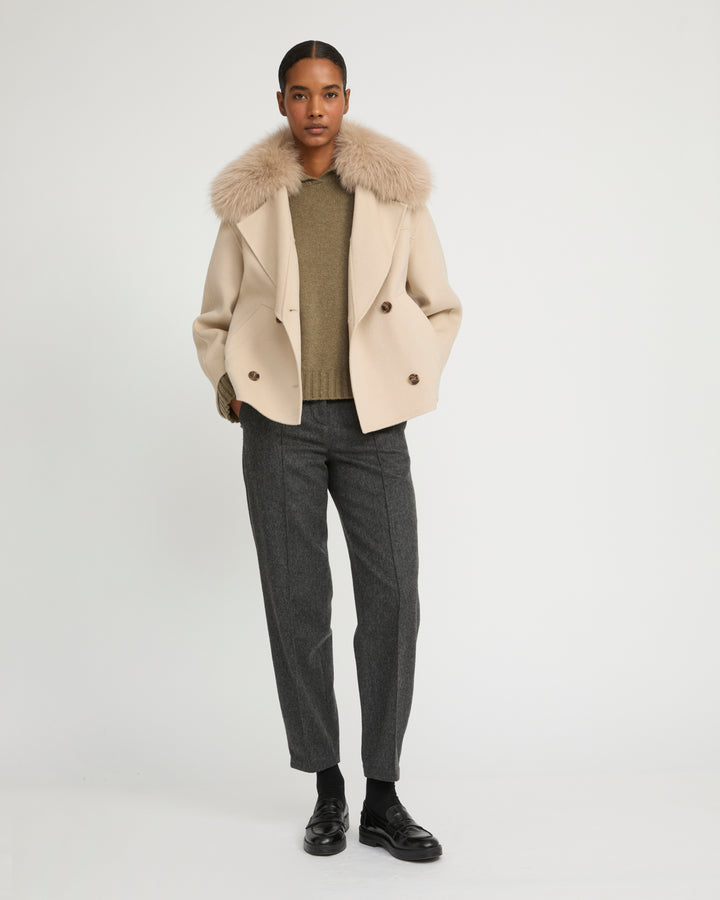 Cashmere-blend pea jacket with removable fox fur collar -Yves Salomon