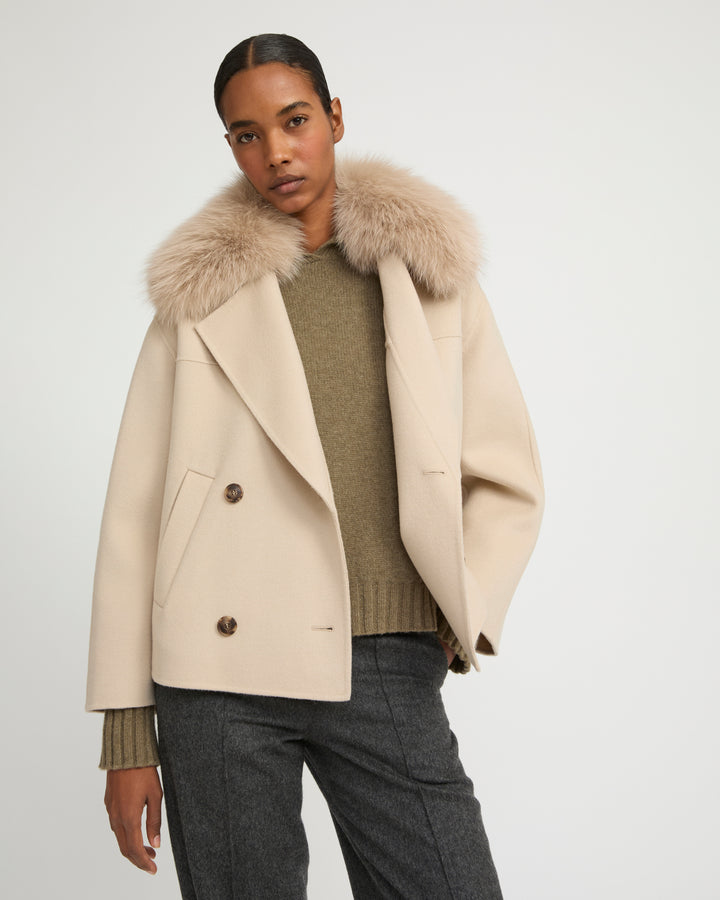 Cashmere-blend pea jacket with removable fox fur collar -Yves Salomon